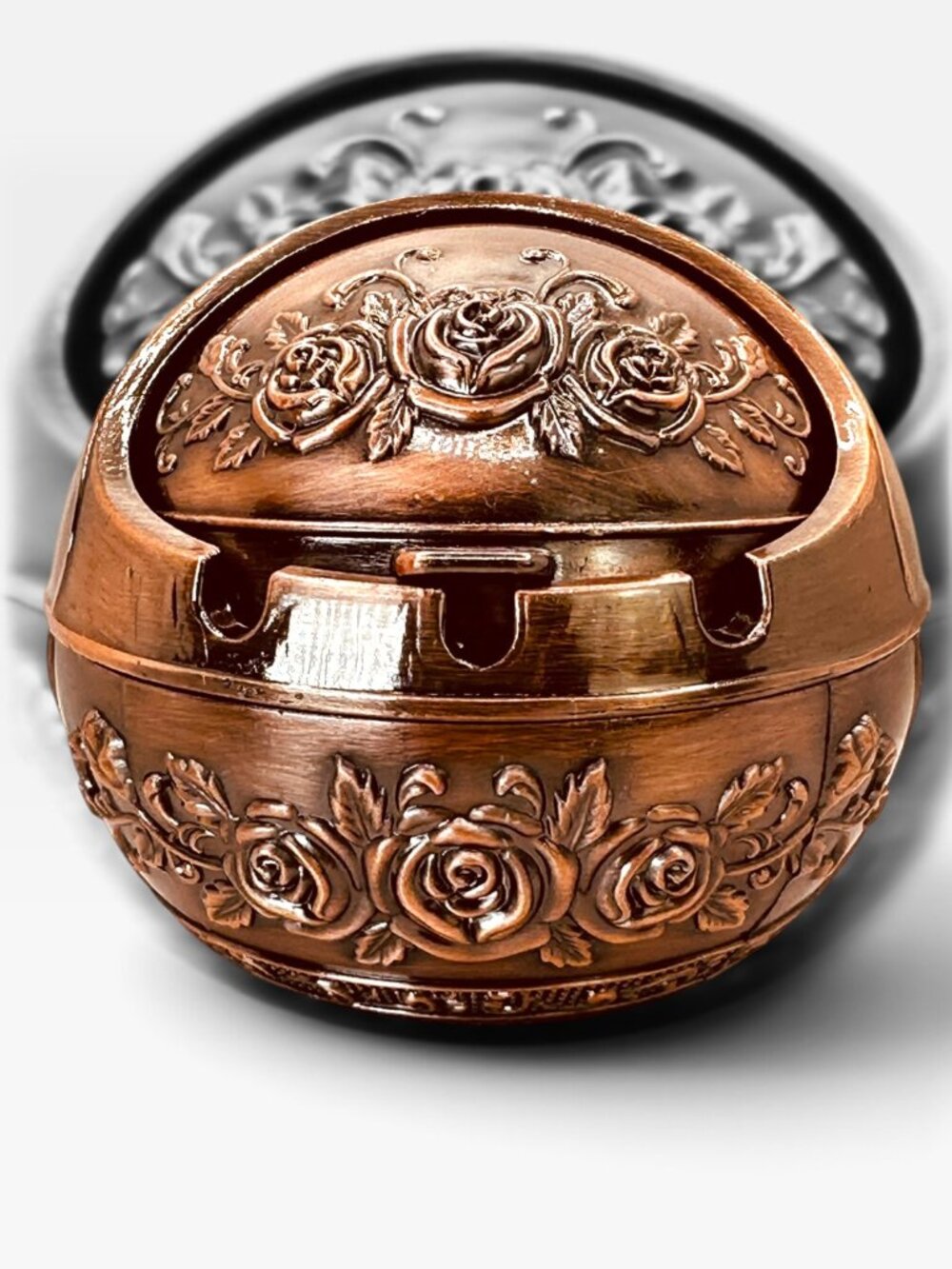Vintage Rose Embossed Copper Ashtray With Rotating Lid - Elegant Decorative Piec